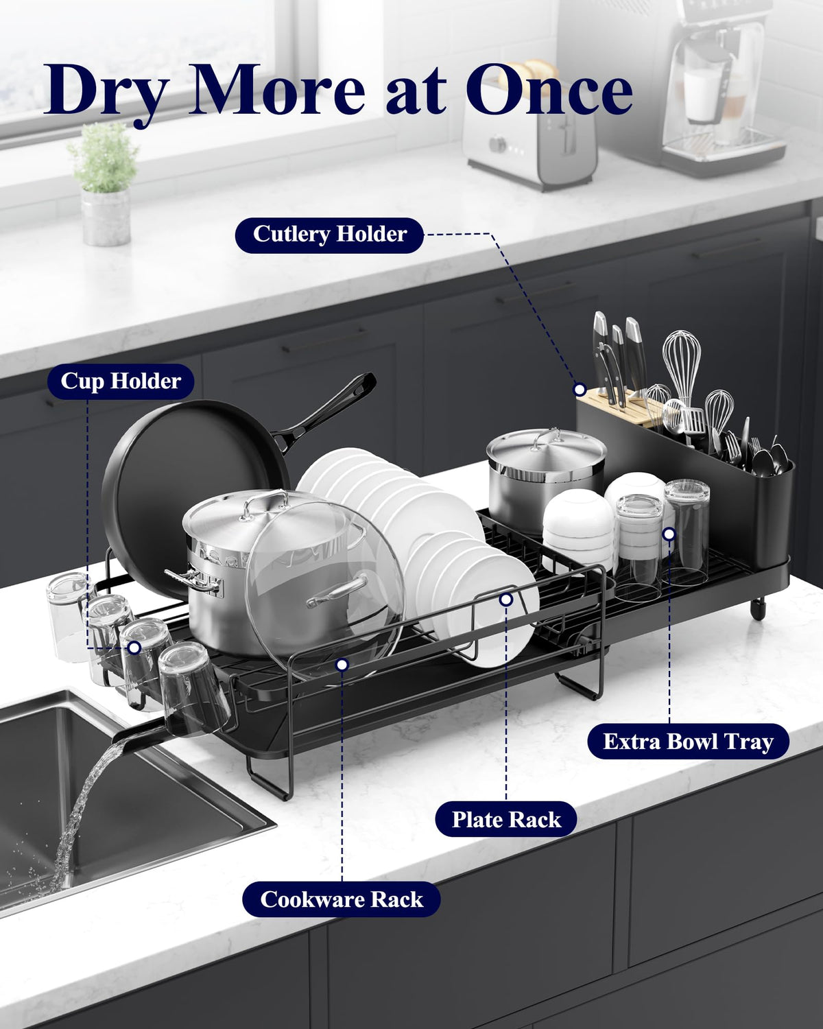 Kitsure anti-slip caps stabilize the rack to protect counters.
