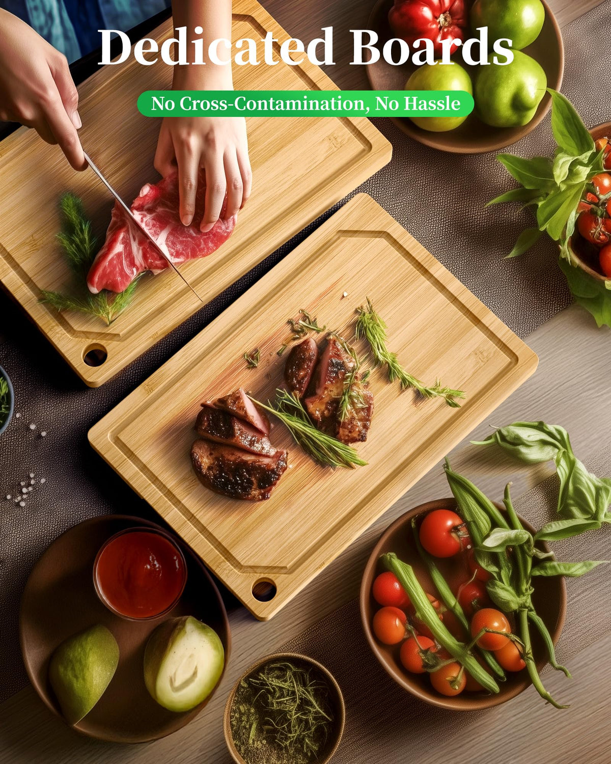 Kitsure bamboo cutting board used as a charcuterie serving board with handle