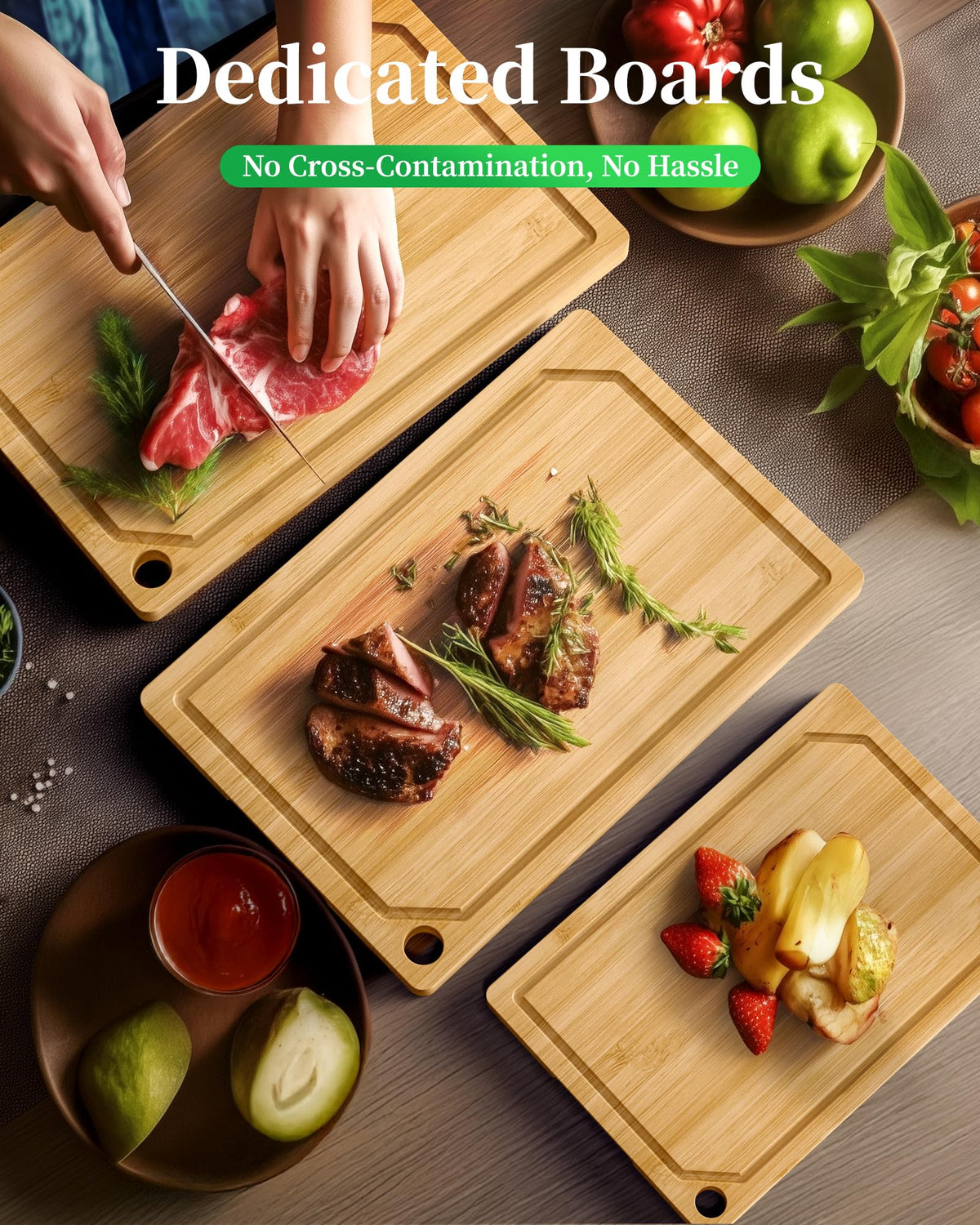 Kitsure large bamboo board with juice groove for catching liquids