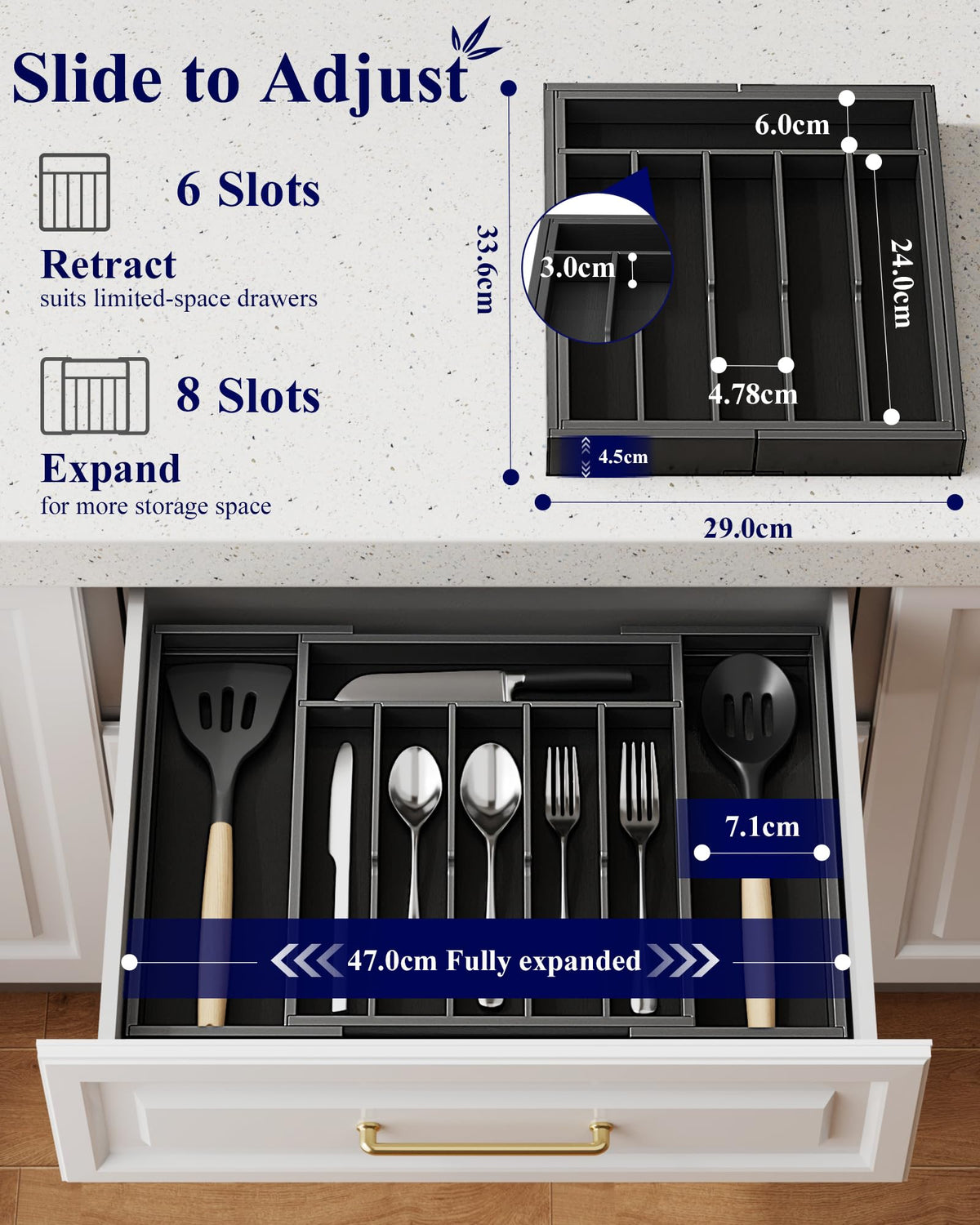 Kitsure bamboo drawer divider with deep compartments and handles for easy access and organization.