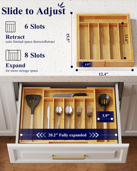 Kitsure bamboo drawer organizer provides durable, easy-clean storage for utensils and kitchen tools.