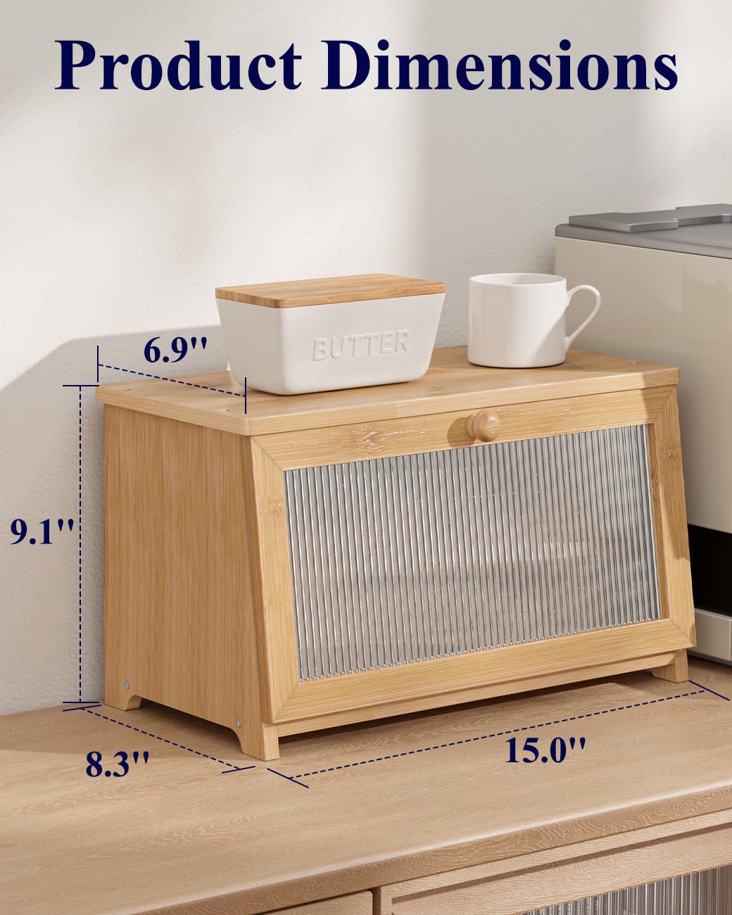 Kitsure bamboo bread box close-up highlights premium material and moisture resistance for freshness.