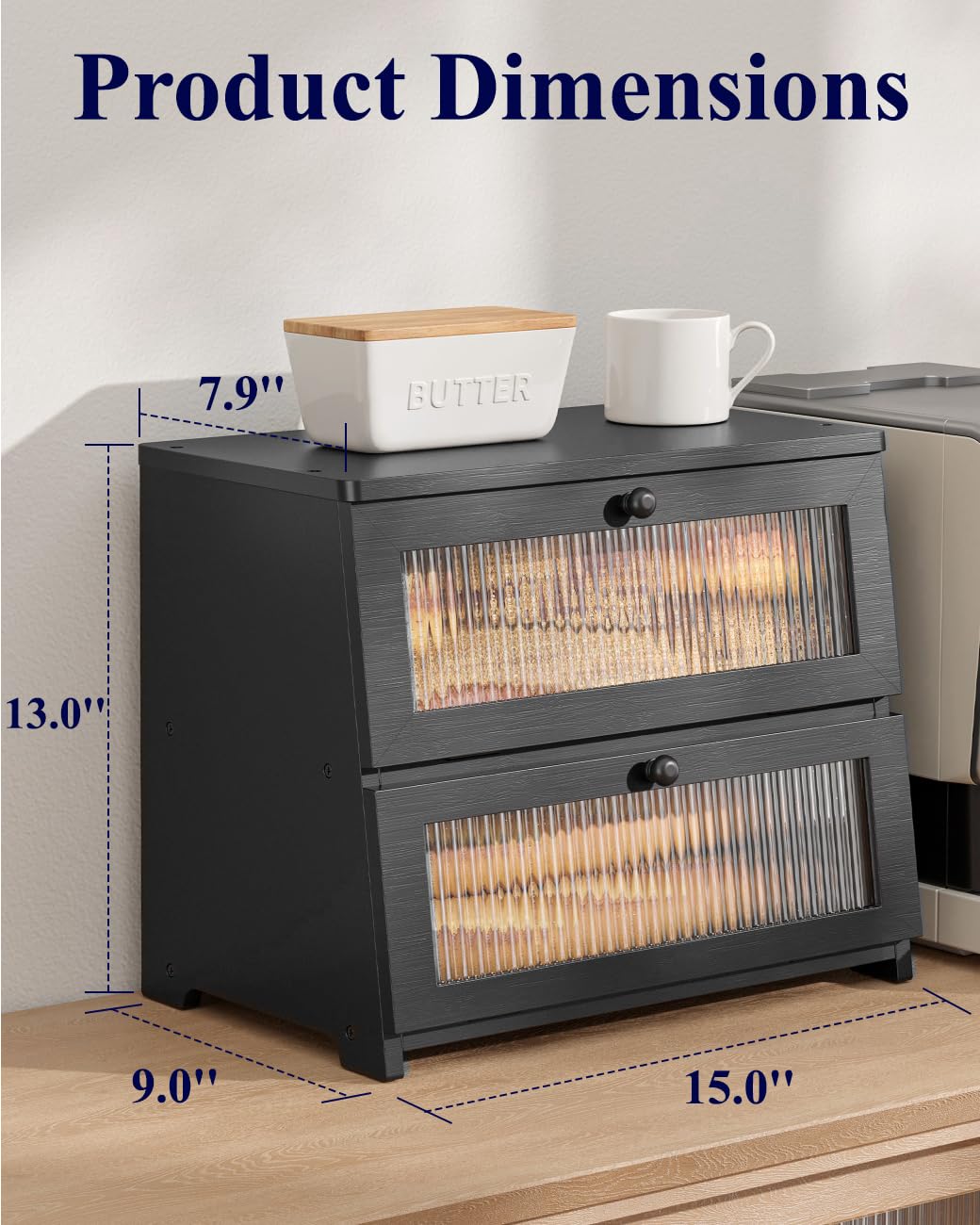 Kitsure bread box with door open highlights easy magnetic access and clear view