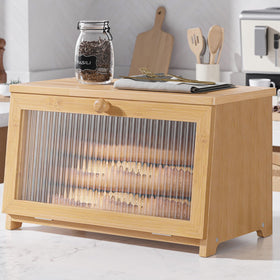 Kitsure bread box with window, front view, for stylish and convenient countertop storage.