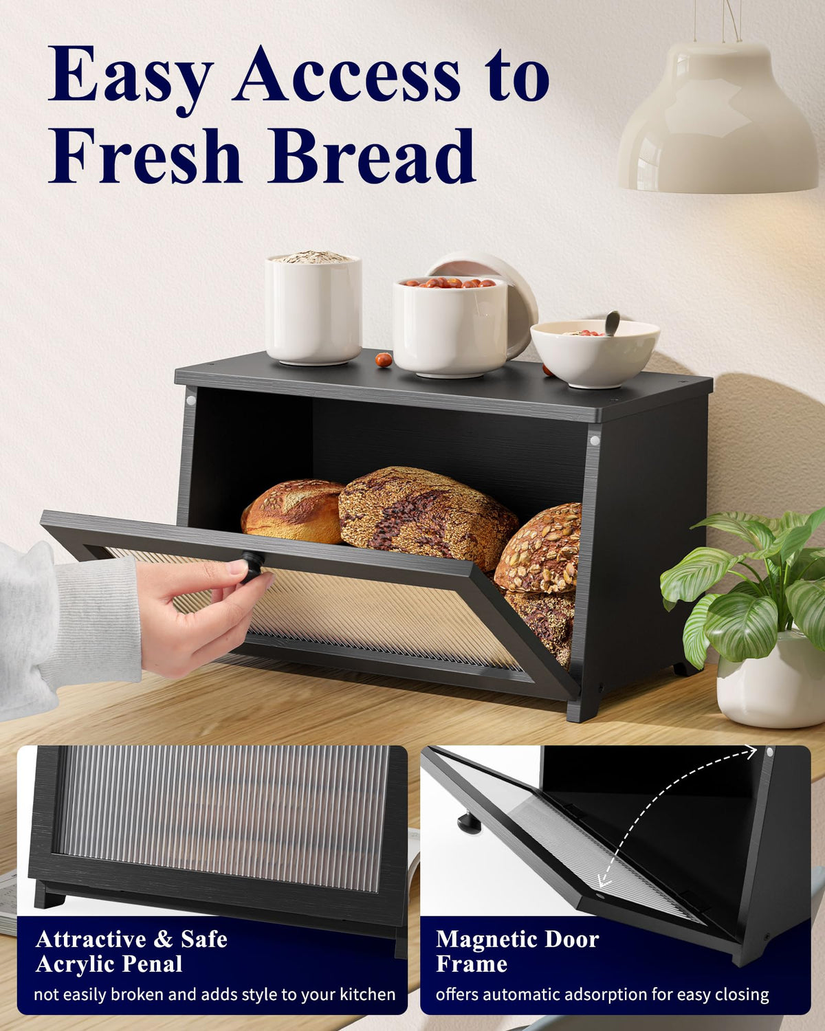 Kitsure Bread Box interior view with snacks organized on a countertop
