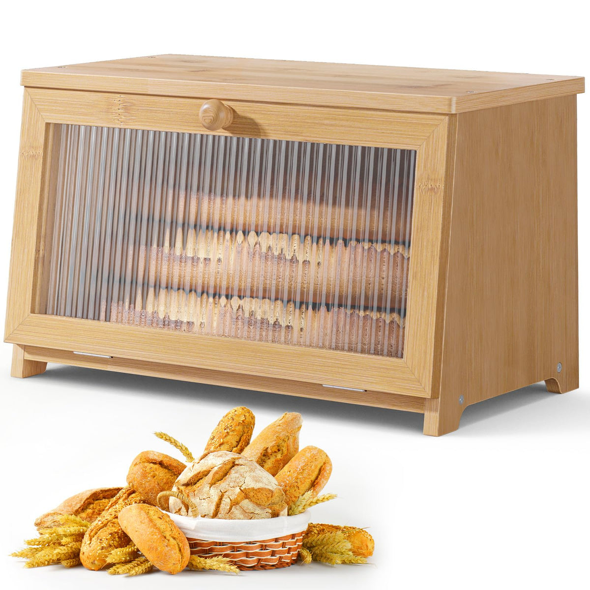 Kitsure bread box open door reveals transparent acrylic window for quick content checks.