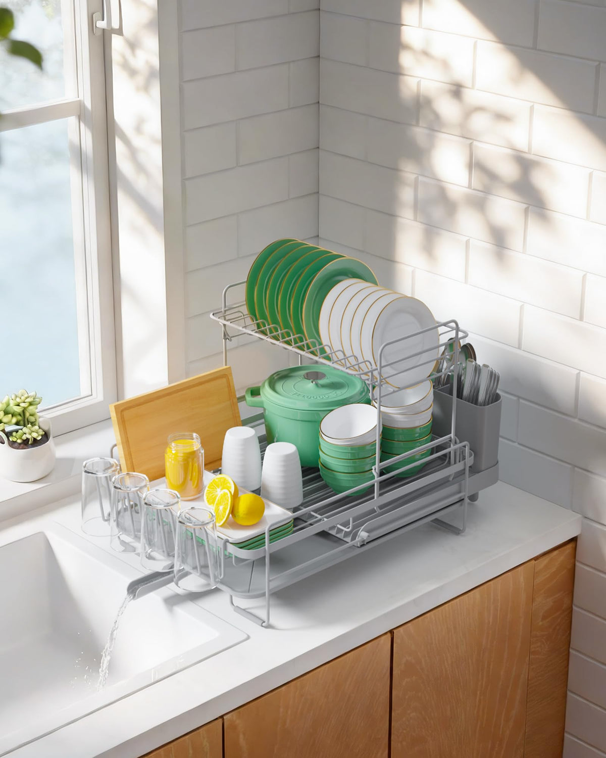 Kitsure countertop drying rack with raised fence protecting items