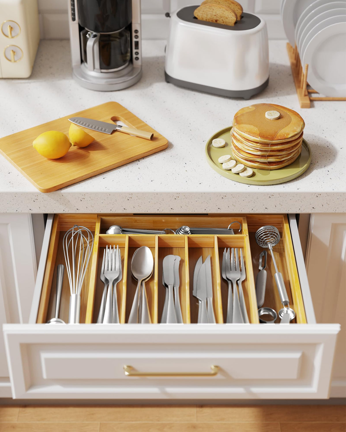 Deep compartments in Kitsure drawer organizer keeping utensils secure