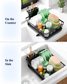 Kitsure rack with central drainage spout directing water away from dishes.