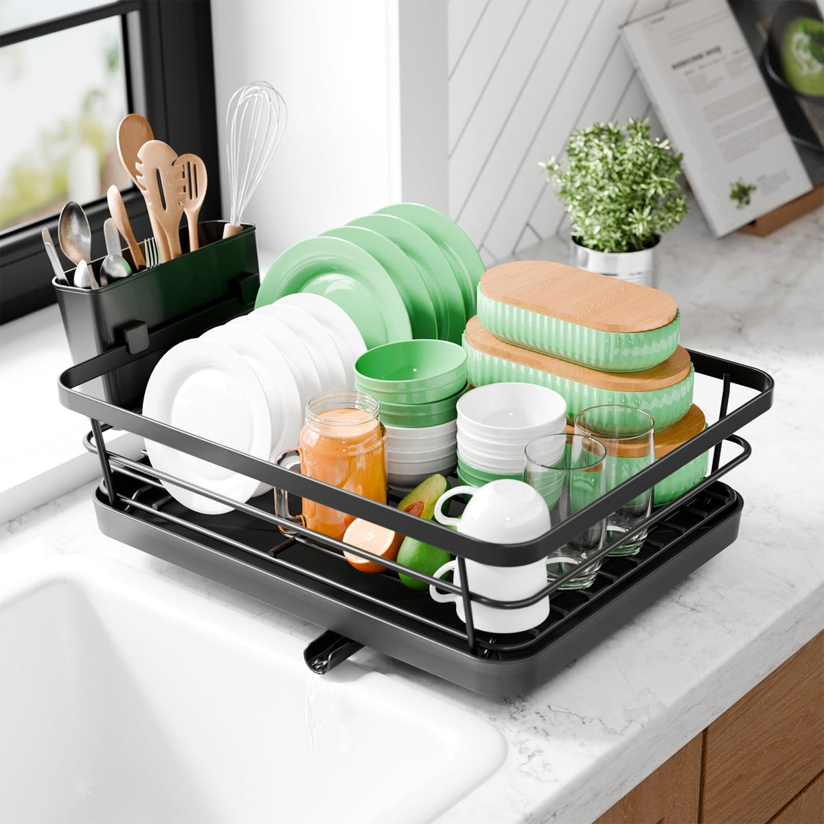 Kitsure compact countertop dish drying rack keeping dishes organized and accessible.