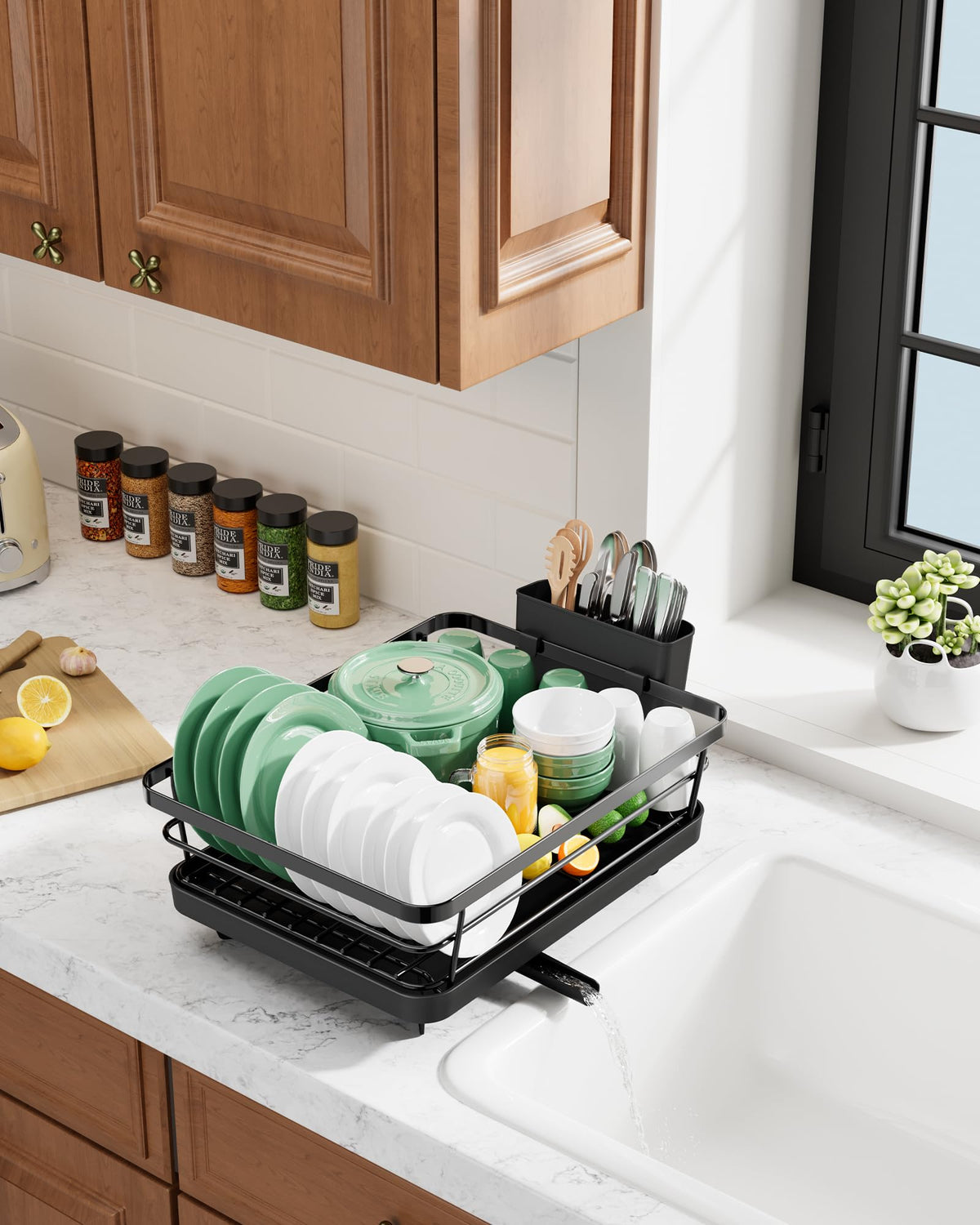 Kitsure dish drying rack, 5-inch height fits under cabinets.