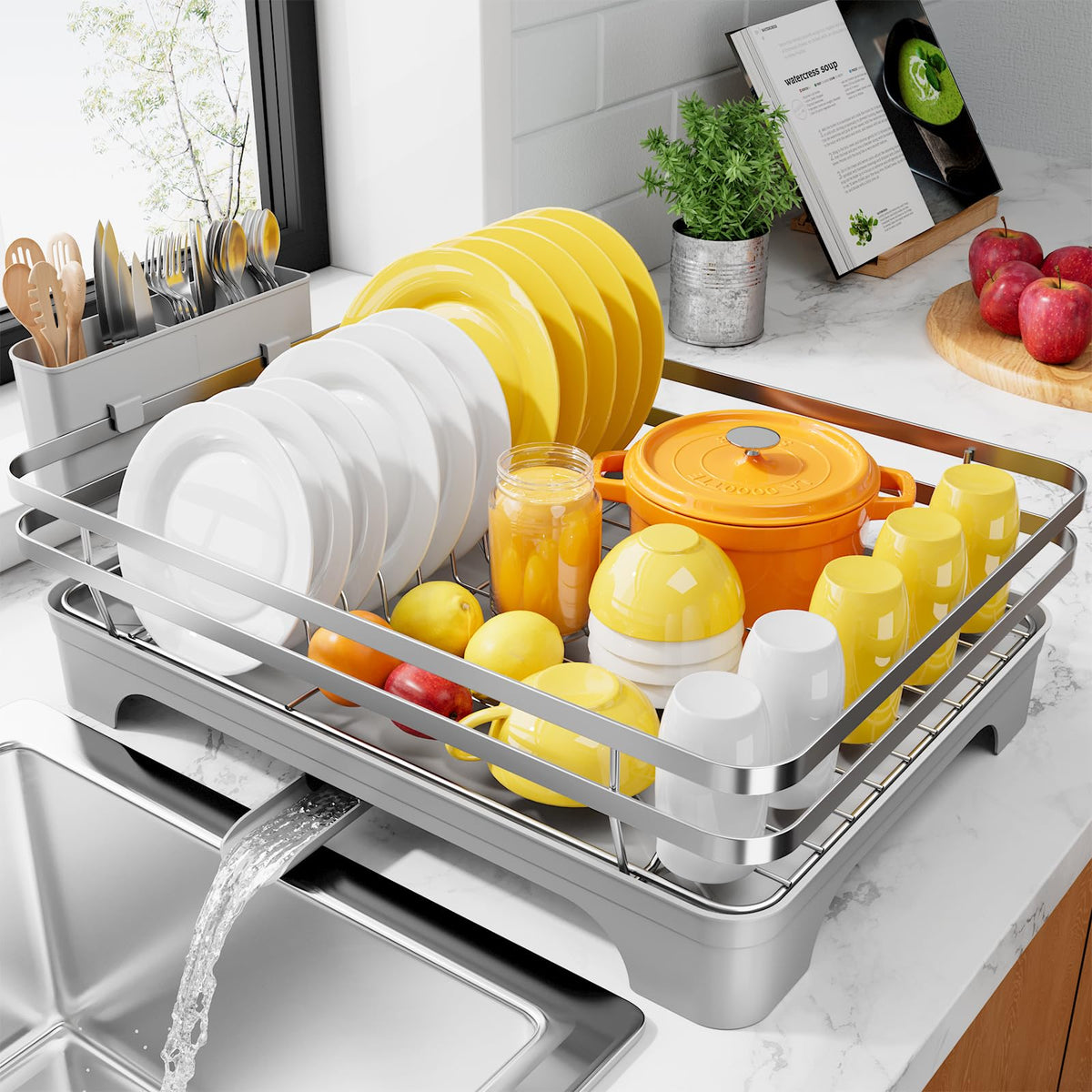 Kitsure dish drying rack shown in a compact setup, rustproof finish for quick counter drying