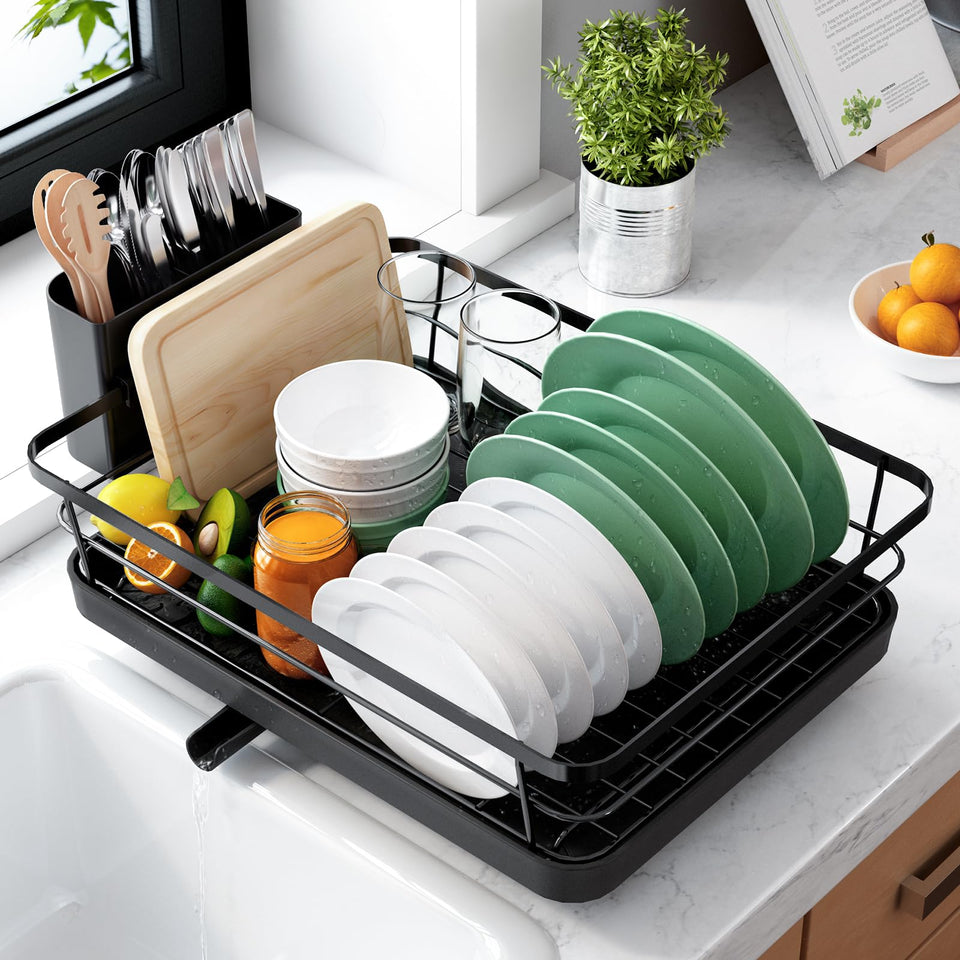 Kitsure dish drying rack on counter, front view, space-saving design.