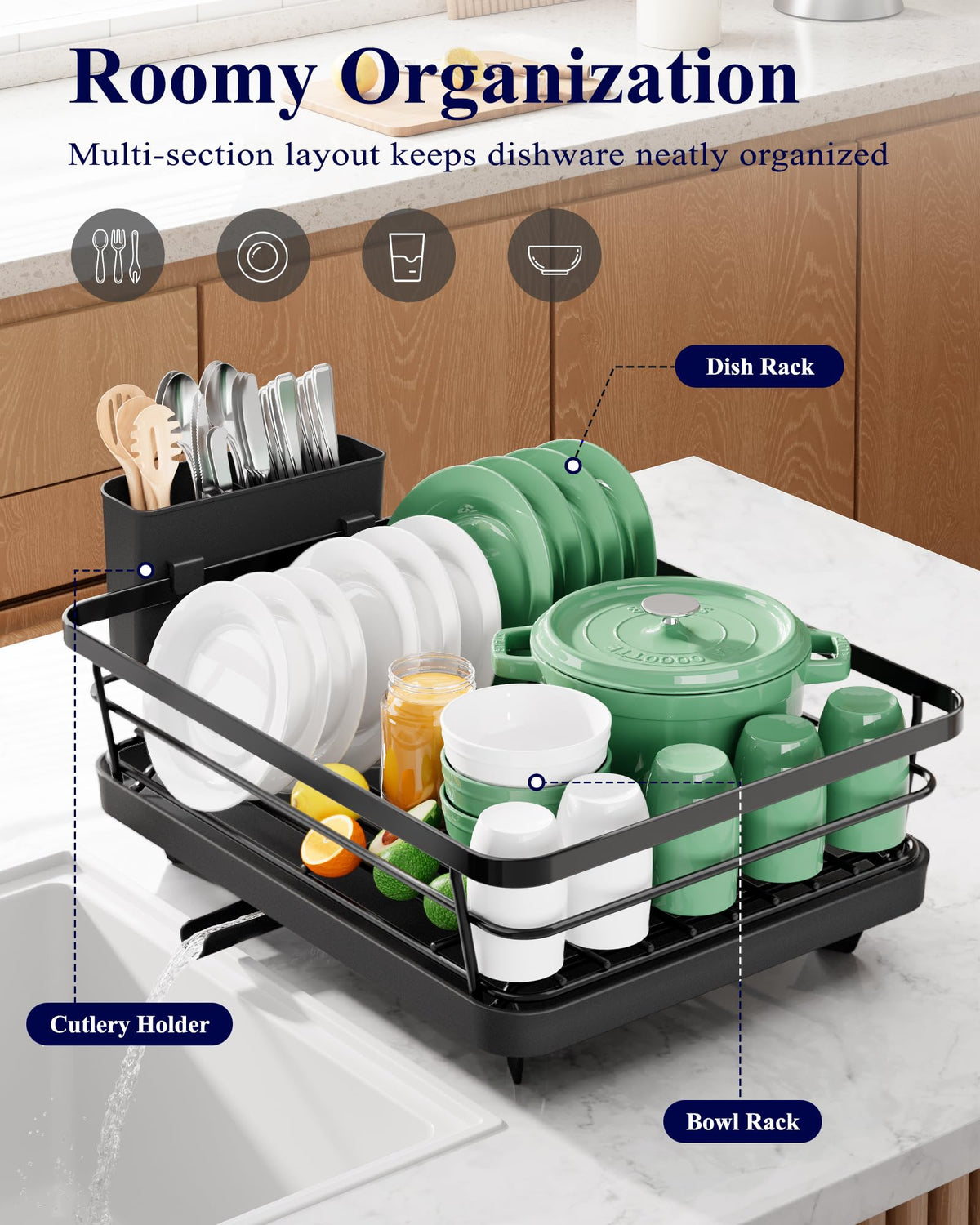 Kitsure dish drying rack on counter, side view, fits tight kitchens.