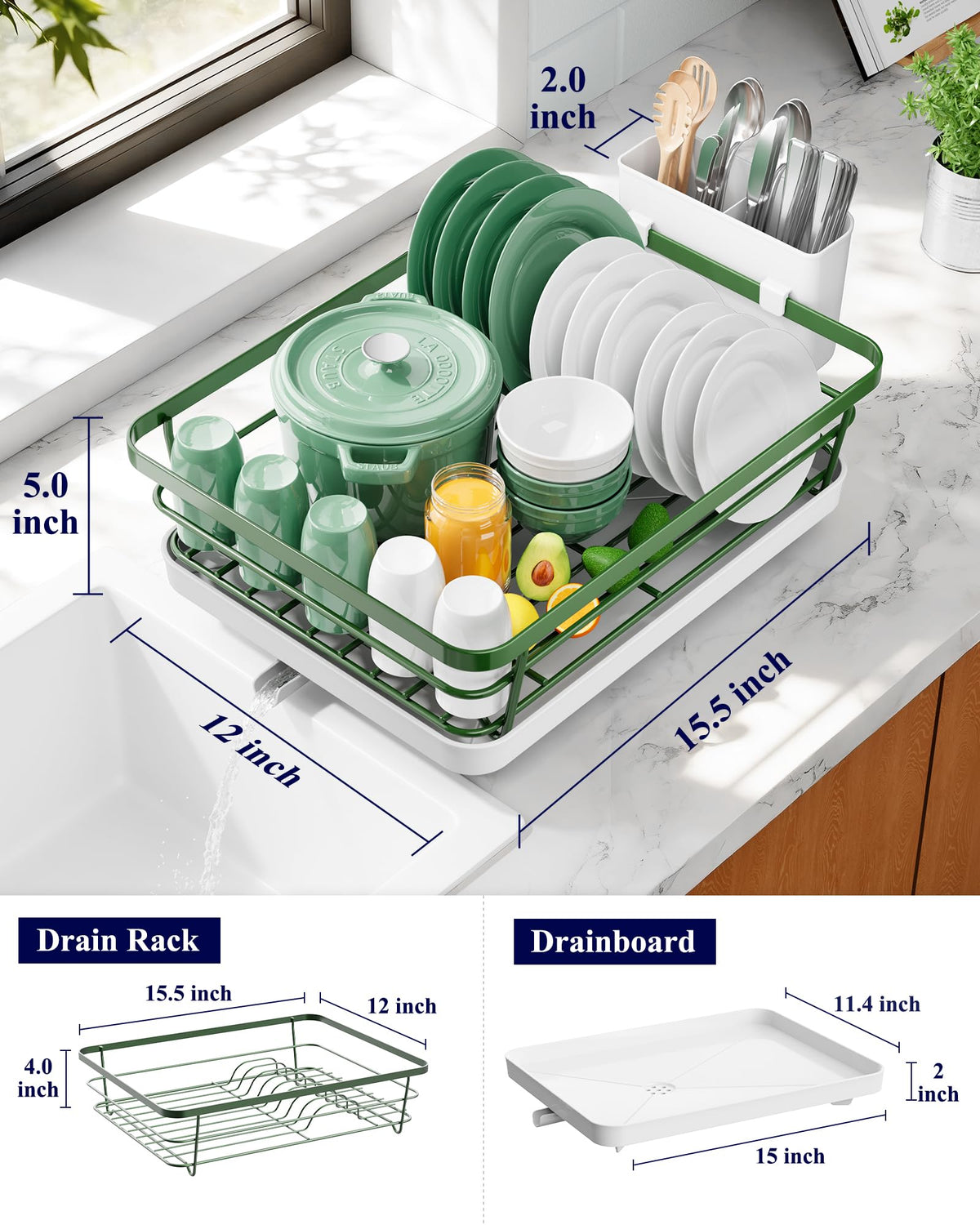Kitsure dish drying rack with cutlery holder keeps utensils tidy while drying
