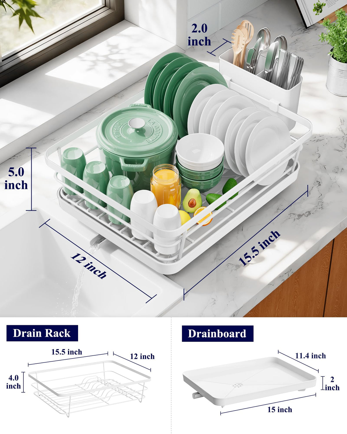 Kitsure dish drying rack with cutlery holder, easy-to-clean setup keeps utensils tidy.