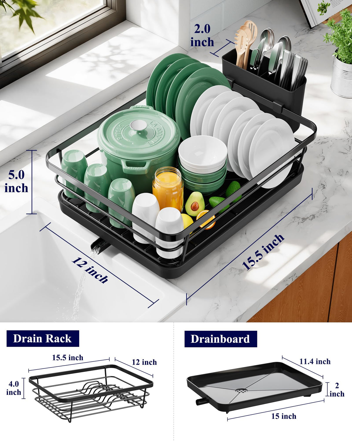 Kitsure dish drying rack, detachable cutlery holder, organized utensils.