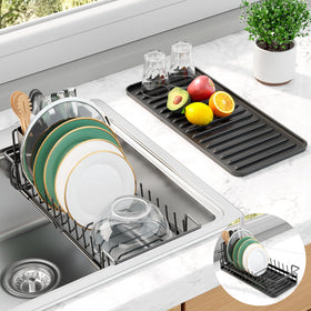 Kitsure dish drying rack extendable over the sink for neat, efficient drying.