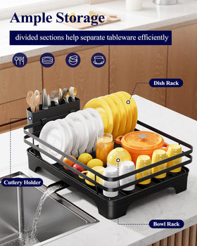 Kitsure dish drying rack with external utensil holder keeps utensils organized.