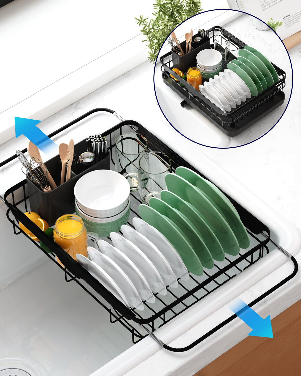 Kitsure dish drying rack front view demonstrates space saving on compact kitchen counters