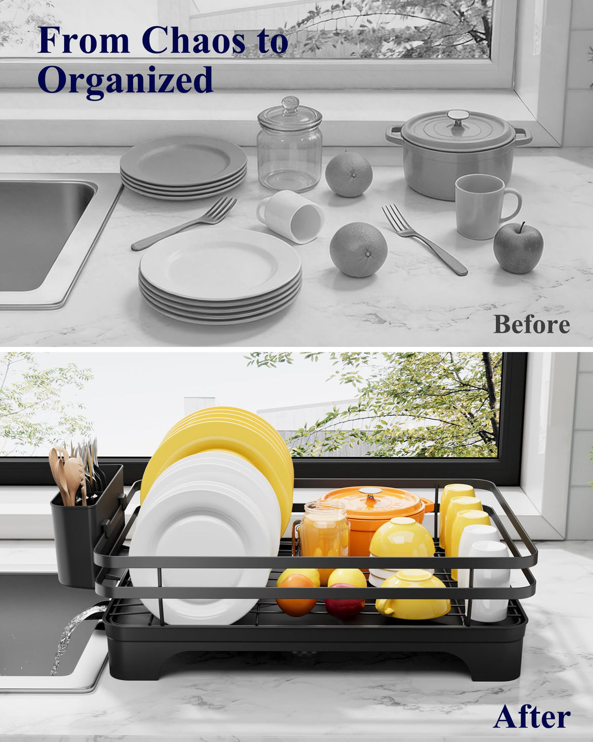 Kitsure dish rack in use on a tidy countertop.
