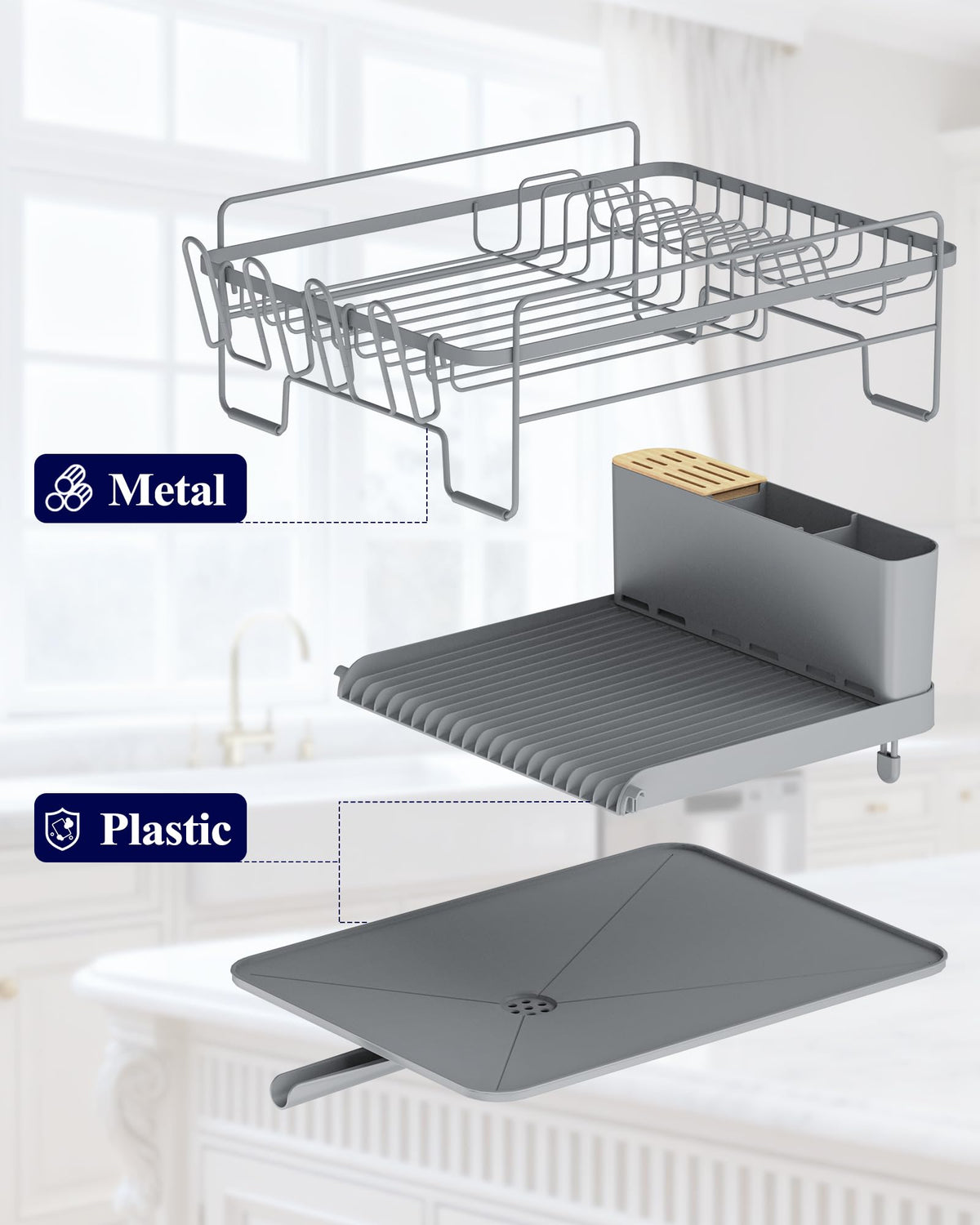 Kitsure dish rack includes knife and spoon holders for tidy utensil storage.