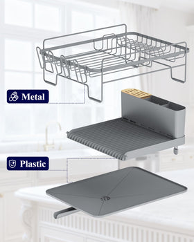 Kitsure dish rack includes knife and spoon holders for tidy utensil storage.