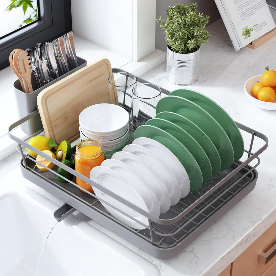 Kitsure dish drying rack on counter demonstrates space-saving organization for small kitchens.