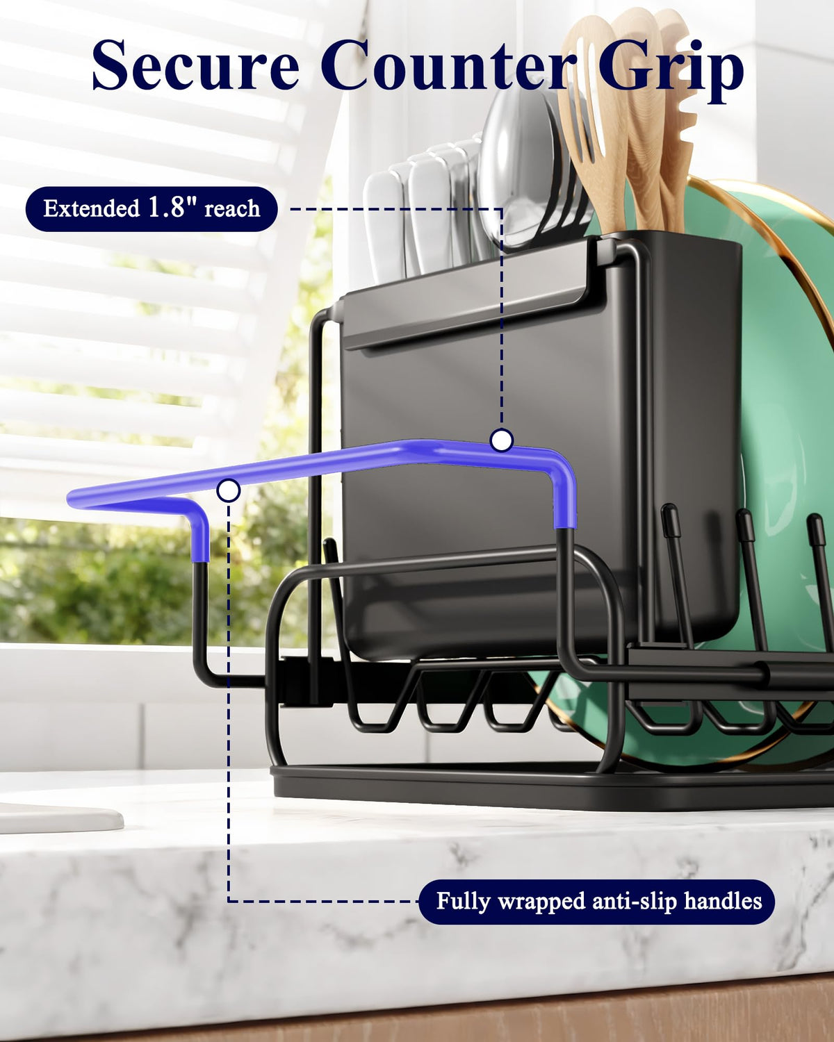 Kitsure raised plate rack holds dishes upright for faster air-drying.