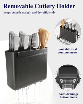 Kitsure removable cutlery holder keeps utensils organized while drying.