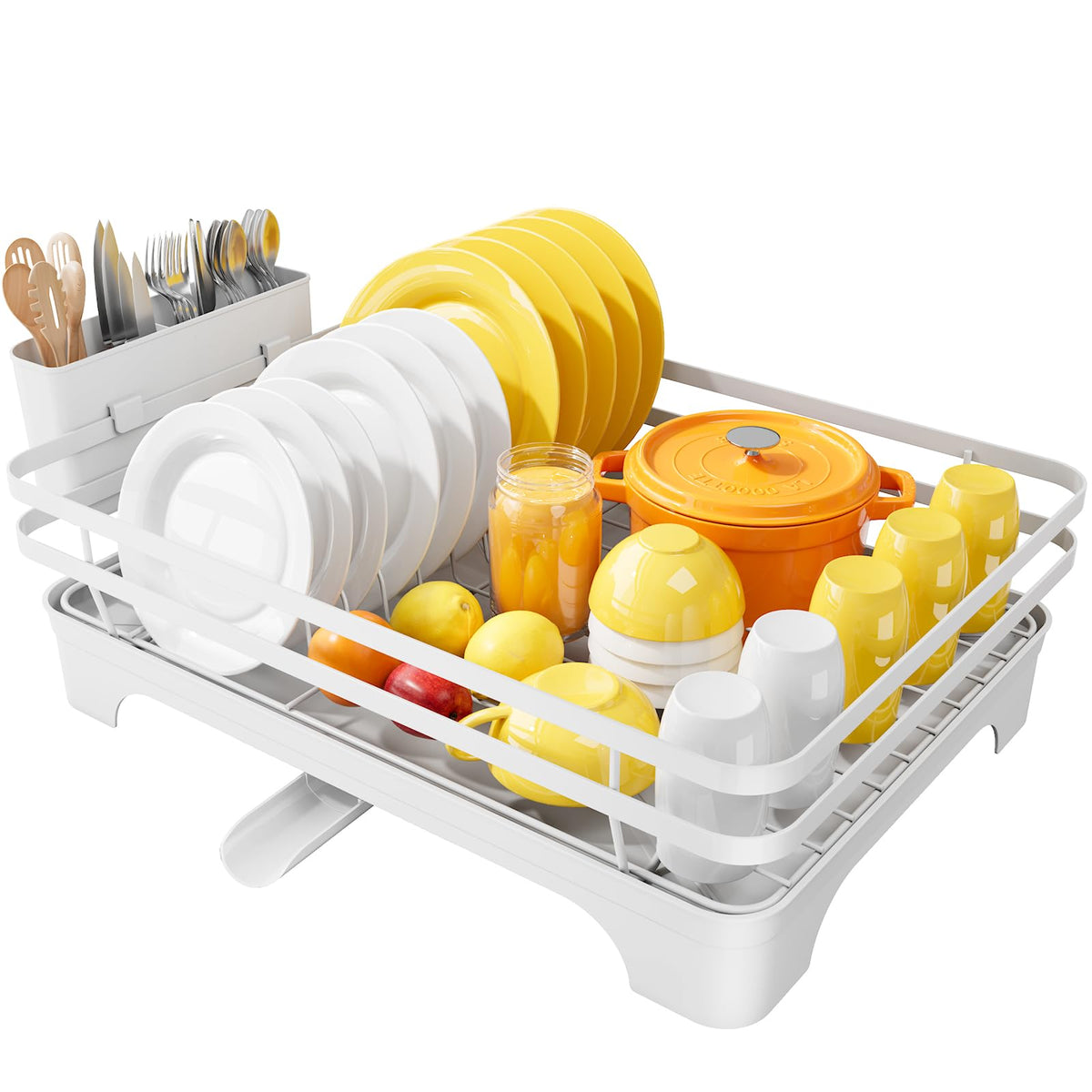 Kitsure dish drying rack with rotatable spout keeps countertops dry