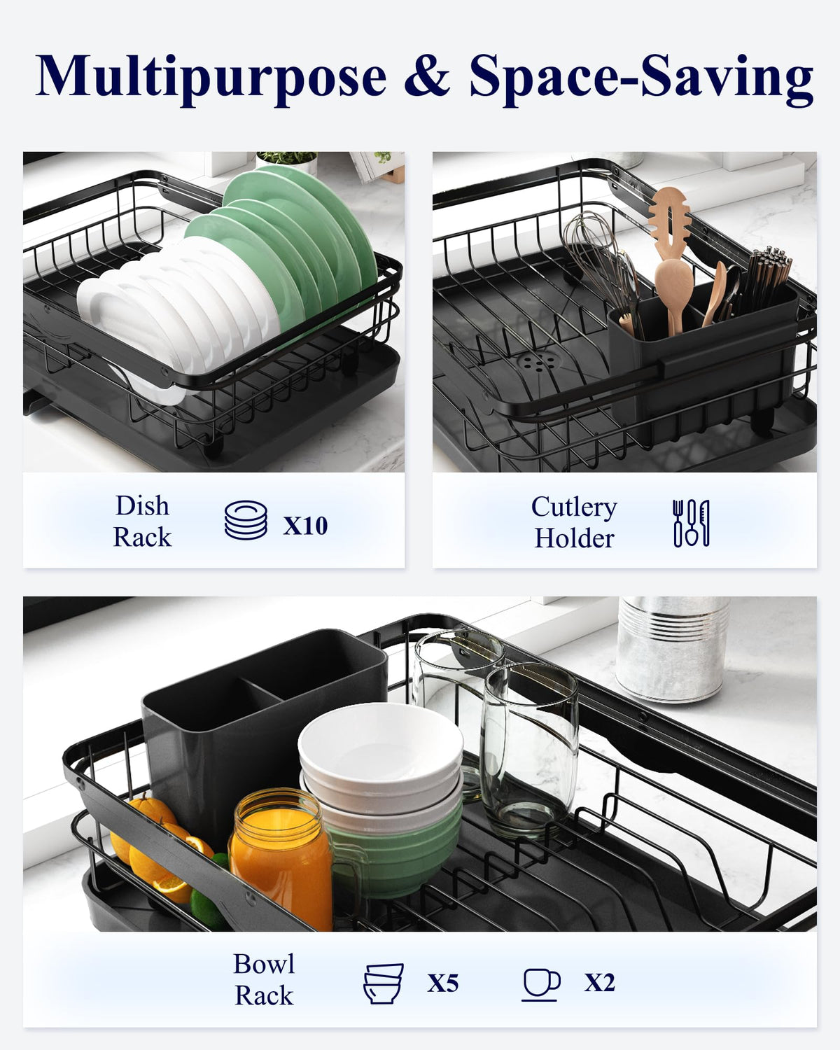 Kitsure dish drying rack close-up of rust-proof metal construction