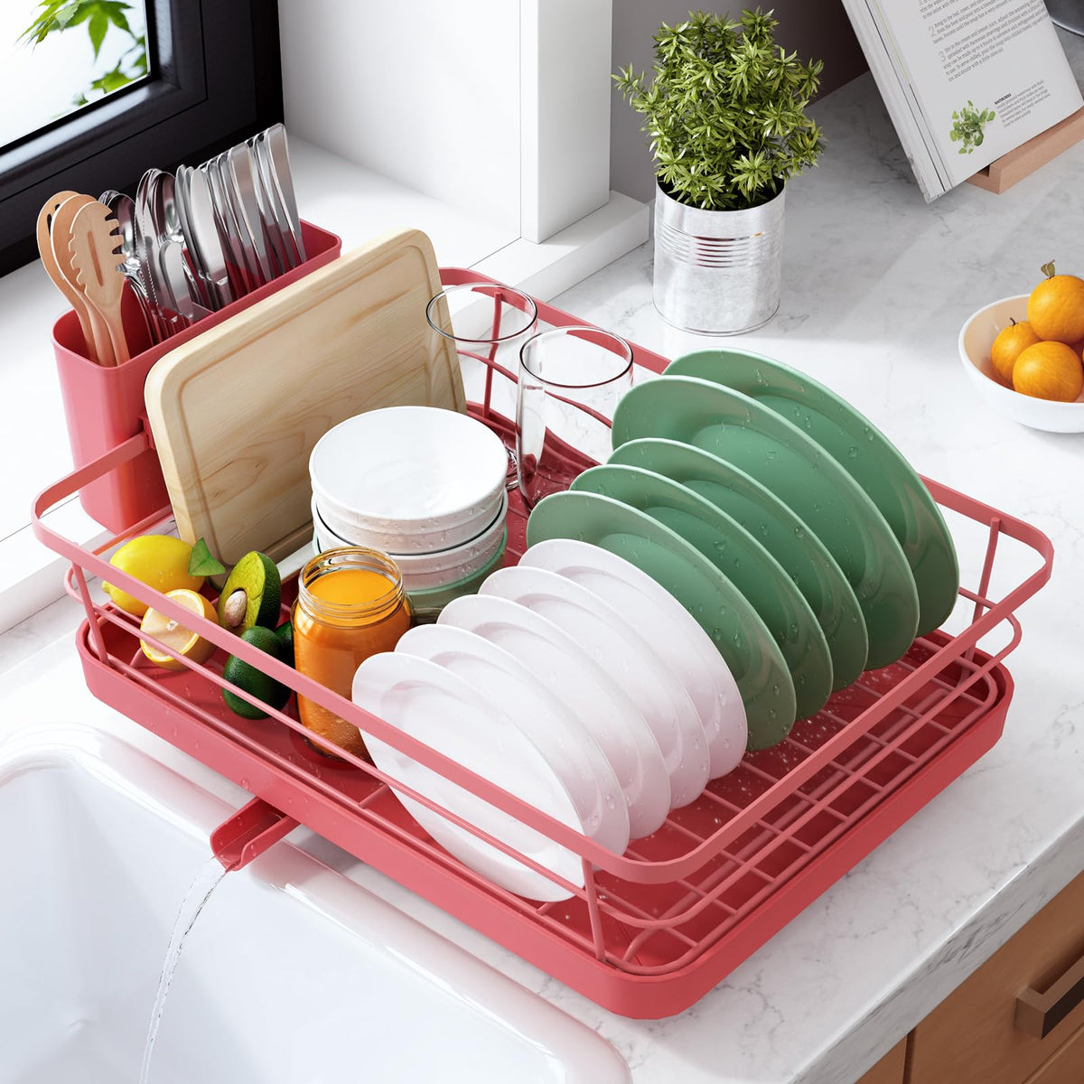 Kitsure dish drying rack in stainless steel showcases compact space-saving design.