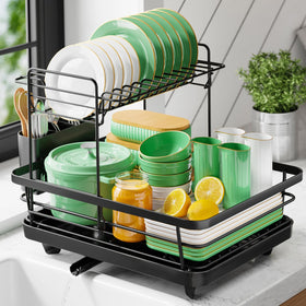 Kitsure two-tier black dish rack on countertop, keeps items organized.