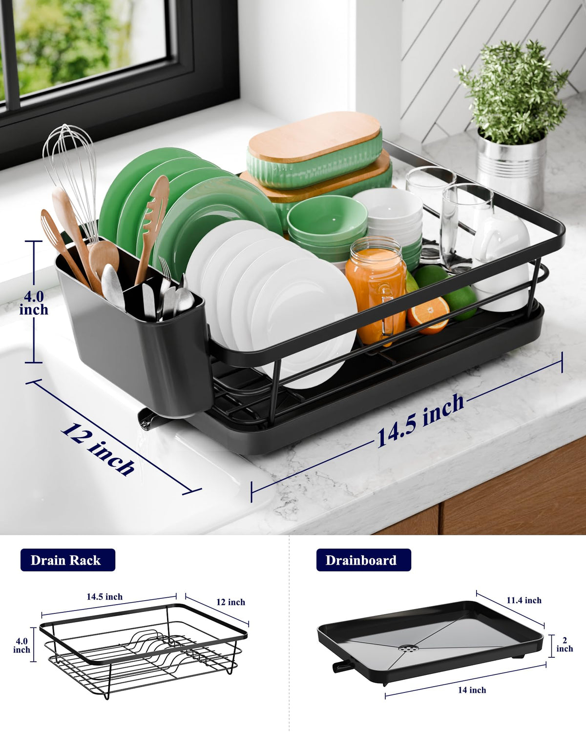 Kitsure dish drying rack showing the utensil holder for organized cutlery.