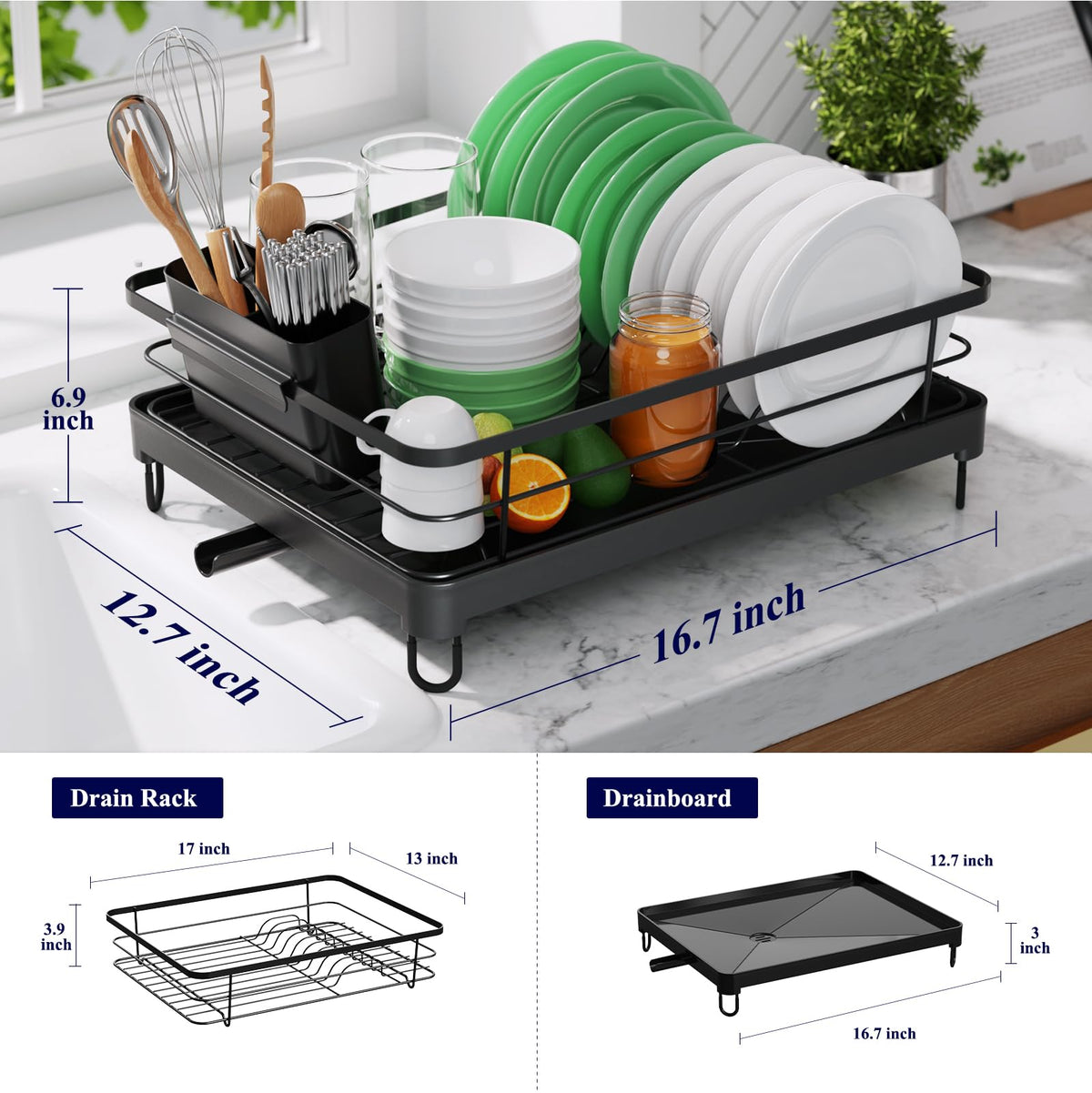 Kitsure dish rack with detachable cutlery holder simplifies drying and silverware storage.