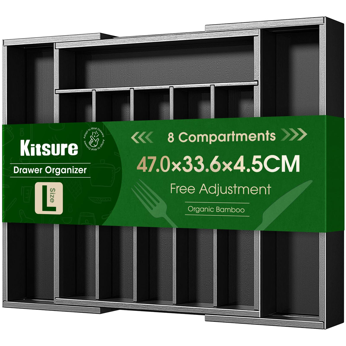 Kitsure expandable bamboo silverware organizer fits drawers and keeps utensils neatly arranged.