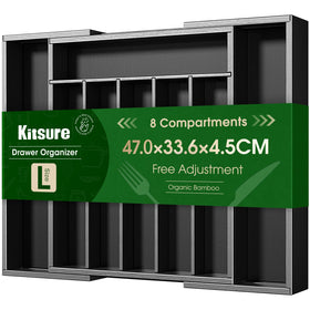 Kitsure expandable bamboo silverware organizer fits drawers and keeps utensils neatly arranged.