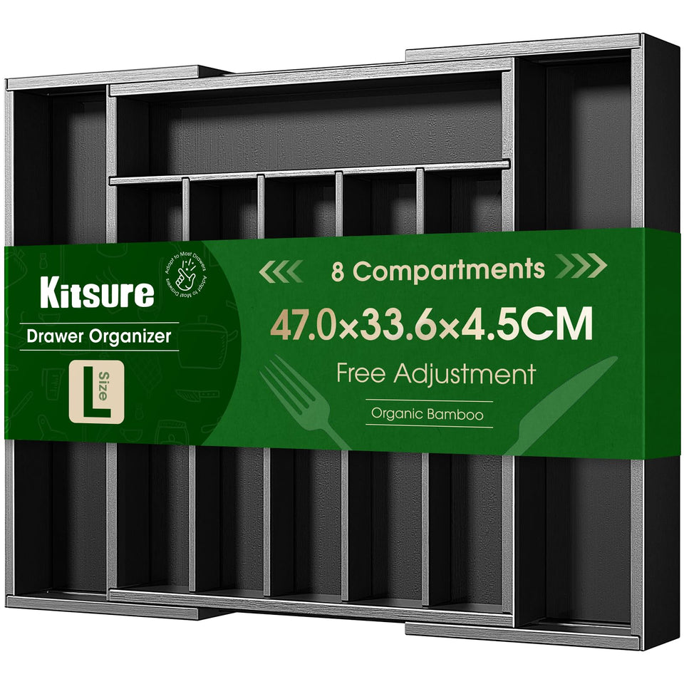 Kitsure expandable bamboo silverware organizer fits drawers and keeps utensils neatly arranged.