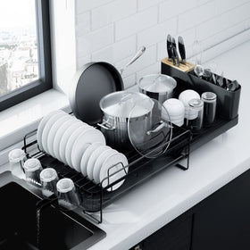 Kitsure extendable dish drying rack shows adjustable length for versatile countertops.