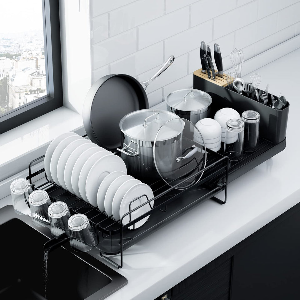 Kitsure extendable dish drying rack shows adjustable length for versatile countertops.