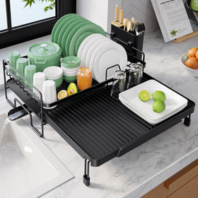 Kitsure extendable dish drying rack over sink for space-saving organization.