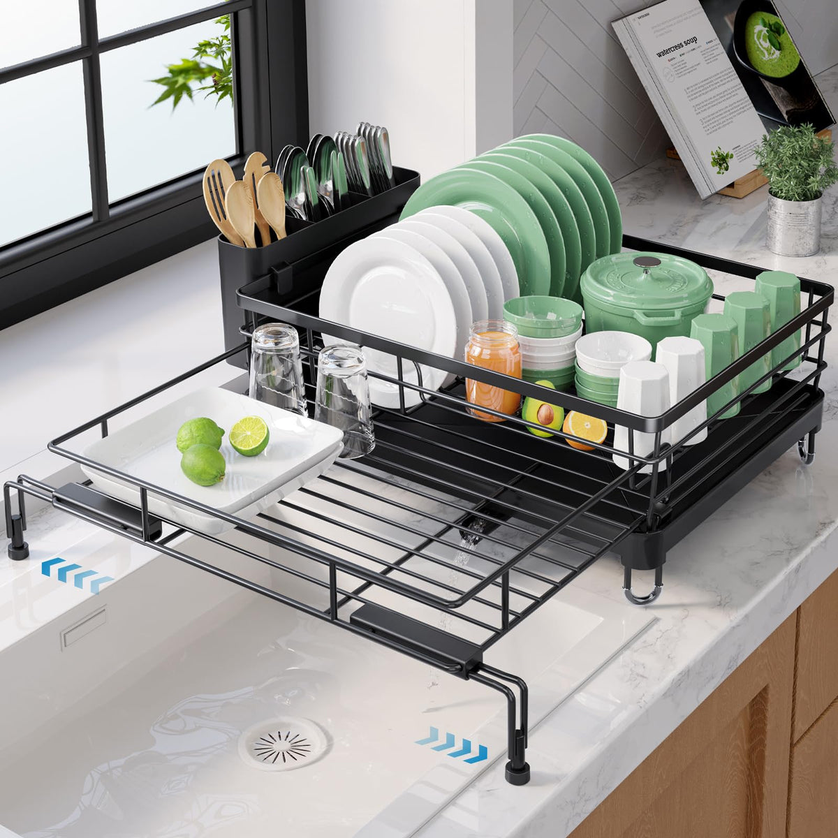 Kitsure extendable dish rack over sink extended length for large loads
