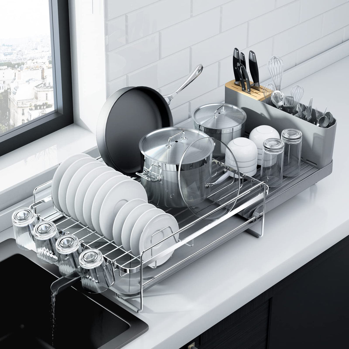 Kitsure extendable dish rack showing adjustable length for versatile kitchen counter organization.