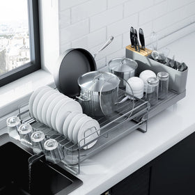 Kitsure large extendable dish rack extended on counter, saving space.