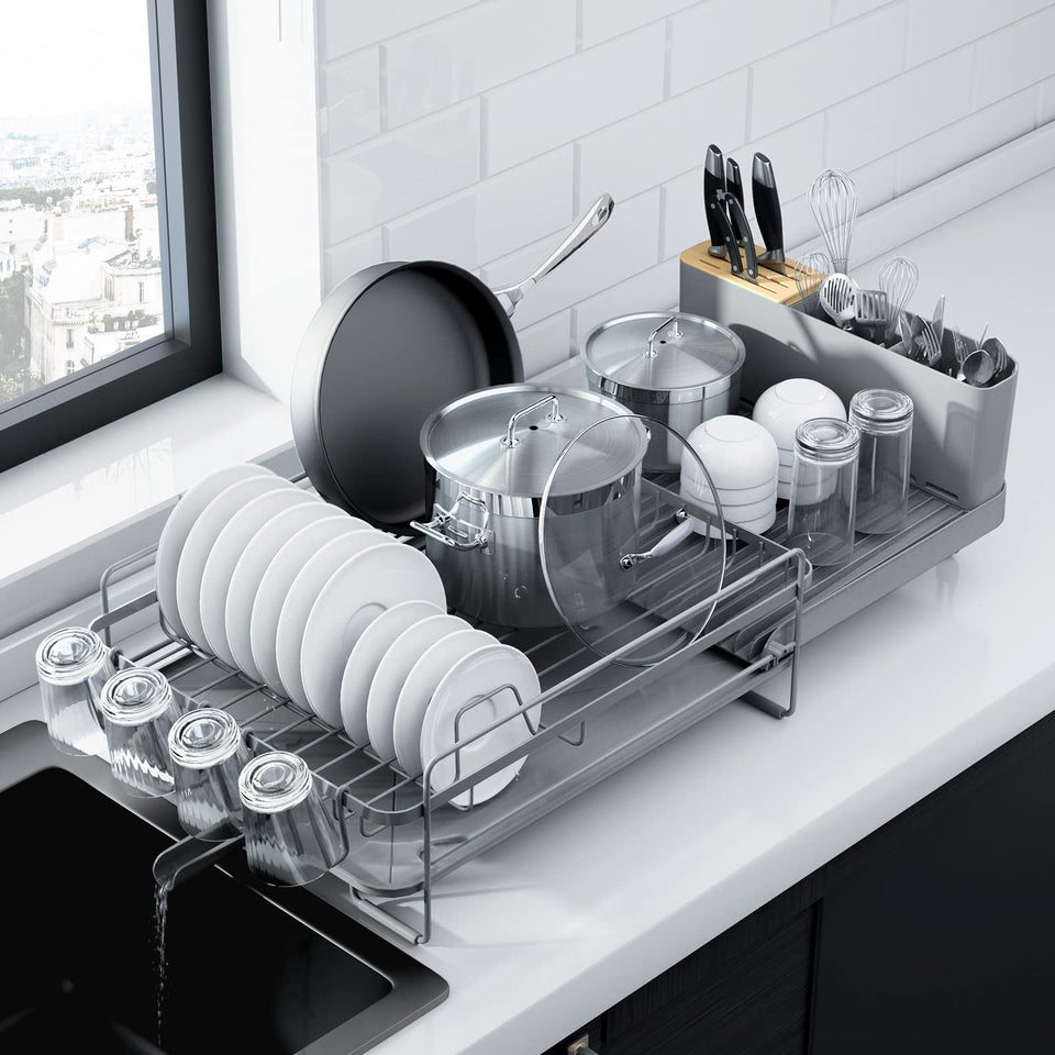 Kitsure large extendable dish rack extended on counter, saving space.