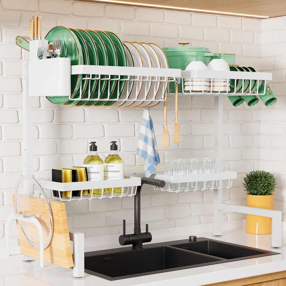 Kitsure over-the-sink drying rack extended across the sink, maximizing drying space.
