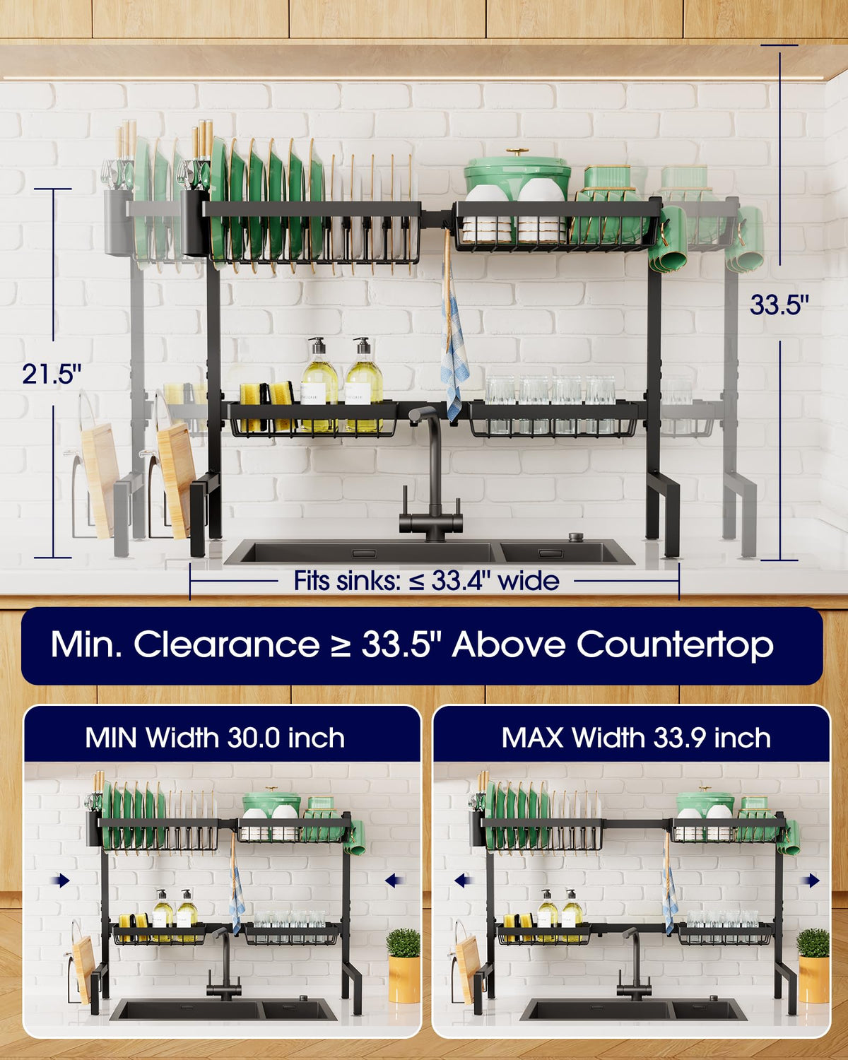 Kitsure two-tier design keeps dishes organized and countertops dry after washing.