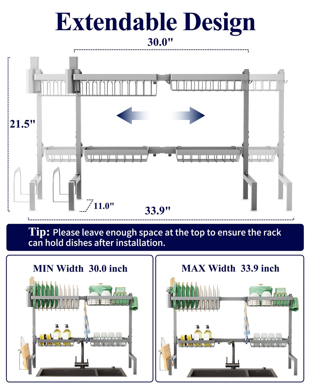 Kitsure adjustable over-the-sink rack fits most sinks for versatile dish drying.