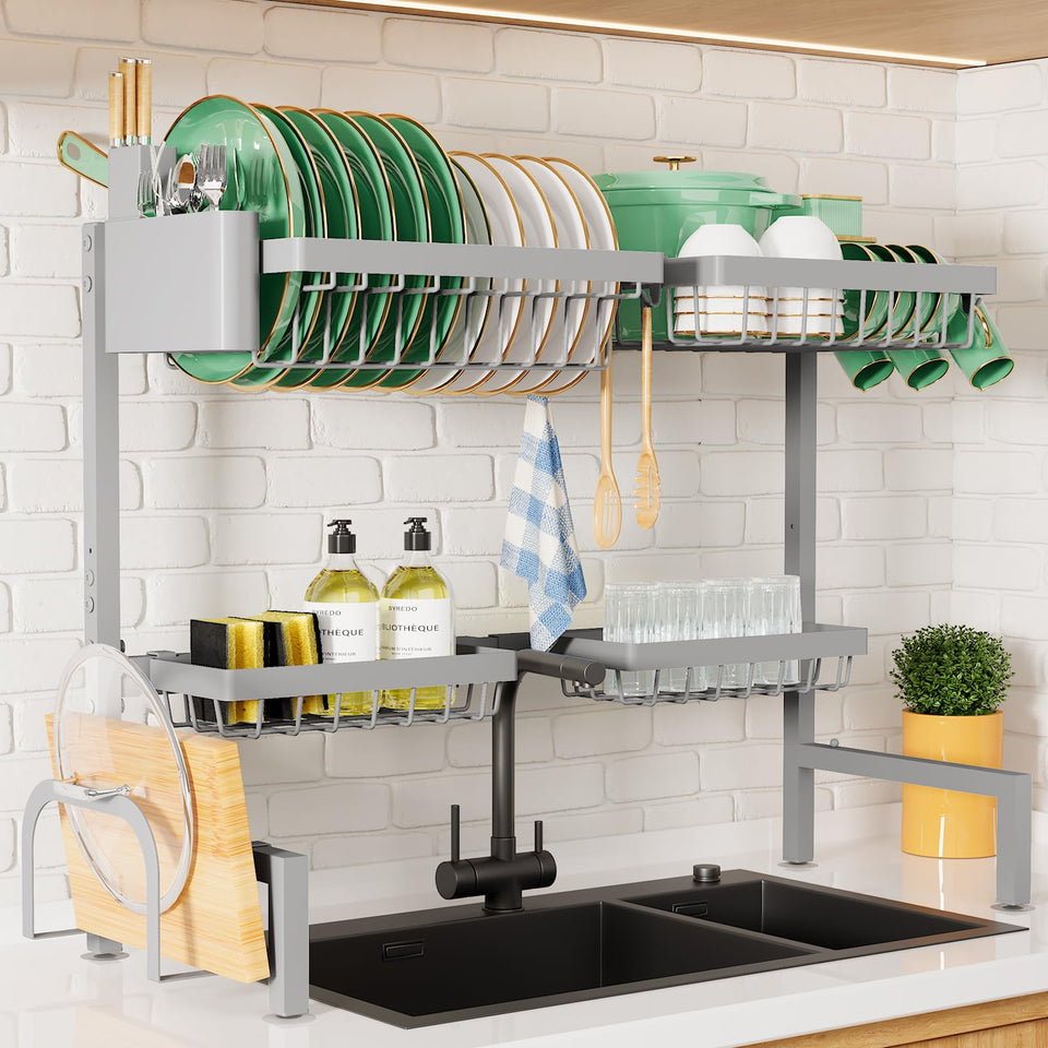 Kitsure over-the-sink drying rack with two tiers saves counter space.